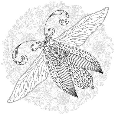 Bir güve detaylı süs kroki, elle çizilmiş zentangle için yetişkin anti stres. Beyaz arka plan üzerinde izole yüksek ayrıntılarla boyama sayfası. Zentangle model relax ve meditasyon için.