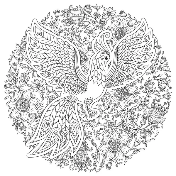 Lindo Pájaro Jardín Flores Fantasía Animales Garabato Dibujado Mano Ilustración — Archivo Imágenes Vectoriales