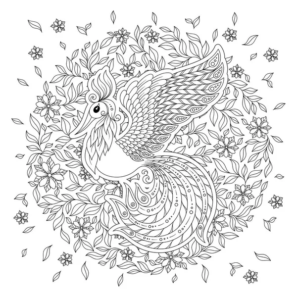 Lindo Pájaro Jardín Flores Fantasía Animales Garabato Dibujado Mano Ilustración — Vector de stock
