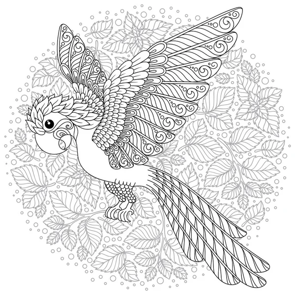 Zentangle 様式化された漫画のオウム 大人の抗ストレスの着色のページ シャツ ロゴや花のデザイン要素とタトゥーの手描きのスケッチ — ストックベクタ
