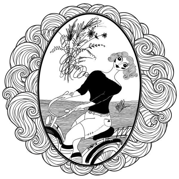 Modèle Pour Livre Coloriage Pour Adulte Vintage Girl Fait Vélo — Image vectorielle