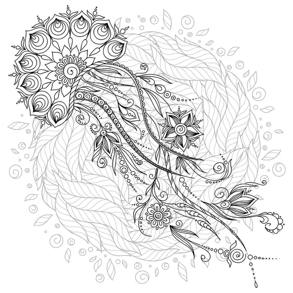 黑色和白色 Zentangle 手绘制的矢量水母涂鸦风格 模式为着色书 — 图库矢量图片