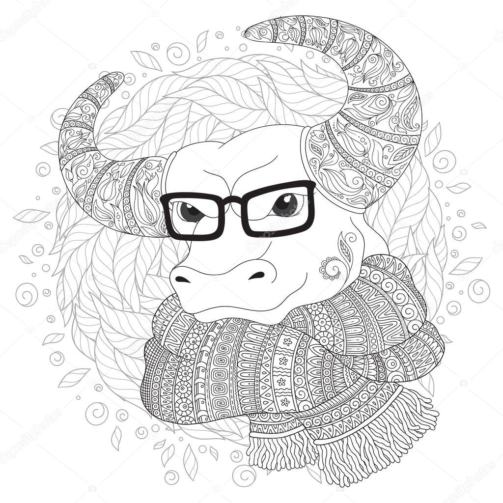 Hand drawn doodle outline cow head decorated with ornaments. Bull in a scarf and glasses. Freehand sketch for adult anti stress coloring book page with doodle and zentangle elements.