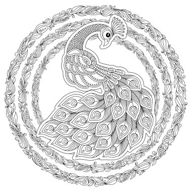 Tavus kuşu. Yetişkin antistress boyama sayfası. Siyah ve beyaz el boyama kitabı için çizilmiş doodle
