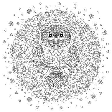 Dekoratif çizgi film baykuş zentangle tarzı. Yetişkin renklendirme kitap sayfası. Elle çizilmiş vektör çizim üzerinde beyaz izole.