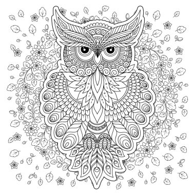 Yetişkin yaş ve üstü çocuklar için boyama kitabı. Şirin baykuş ve çerçeve çiçek boyama sayfası. Zentangle tarzında çizim anahat