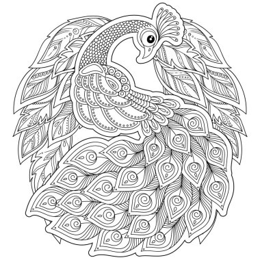 Tavus kuşu. Yetişkin antistress boyama sayfası. Siyah ve beyaz el boyama kitabı için çizilmiş doodle