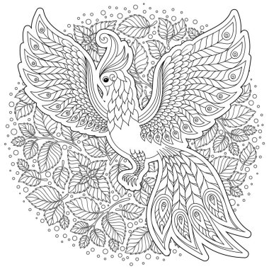Egzotik kuş, harika çiçekler, yapraklar. Anti stres Boyama Page yüksek ayrıntılarla Firebird için. Yetişkinler ve çocuklar için boyama kitabı sayfası. Siyah beyaz kuş koleksiyonu. Resimde kümesi.
