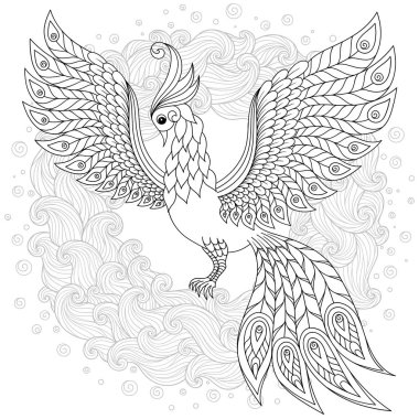 Fantezi çiçek bahçesi şirin kuş. Hayvanlar. Elle çizilmiş doodle. Etnik desenli illüstrasyon. Afrika, Hint, totem dövme tasarım. Avatar, dövme, poster, yazdırma için kroki veya t-shirt.