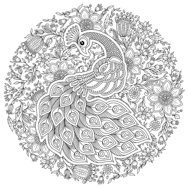 Peacock Volwassen Stressprogramma Kleurplaat Zwart Wit Hand Getrokken Doodle Voor — Stockvector