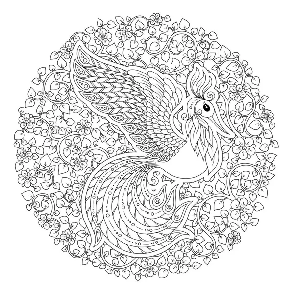 Uccello Carino Nel Giardino Dei Fiori Fantasia Animali Scarabocchio Disegnato — Vettoriale Stock