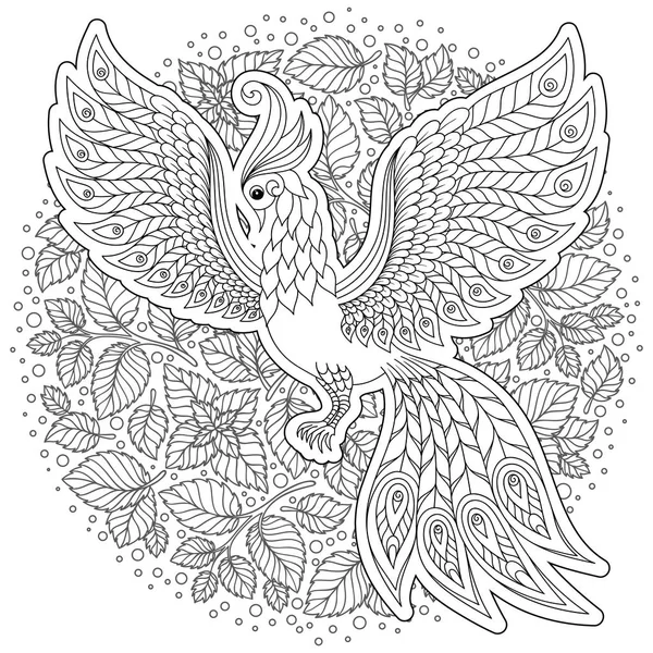 Exotic bird,fantastic flowers, leaves. Firebird for anti stress Coloring Page with high details. Coloring book page for adults and children. Black White Bird collection. Set of illustration.