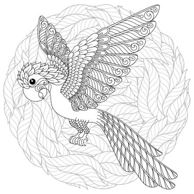 Zentangle stilize çizgi film papağan. El çizilmiş kroki yetişkin antistress boyama sayfası, T-shirt amblem, logo veya çiçek tasarım öğeleri ile dövme için.