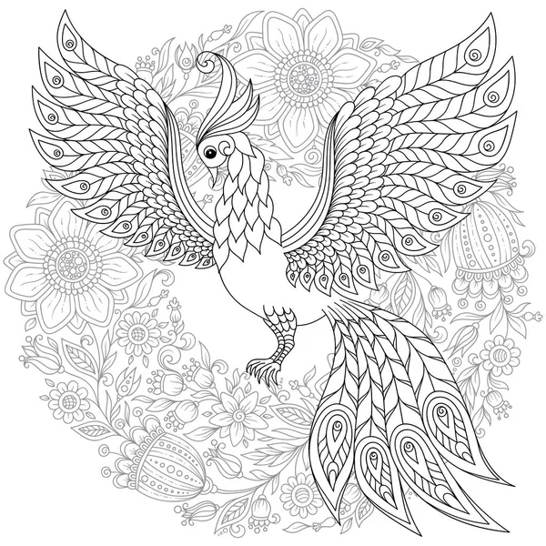 Exotic Bird Fantastic Flowers Leaves Firebird Stress Coloring Page High — Stock Vector