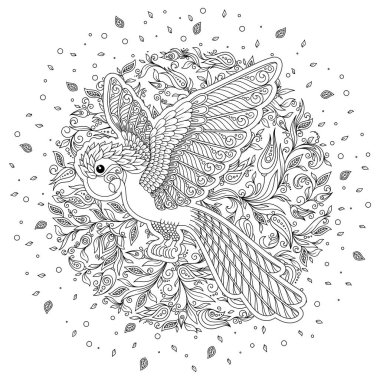 Vektör çizim beyaz arka plan dekoratif kakadu. Yetişkin renklendirme moda trendi. Kuş papağan. Siyah ve beyaz. Modern tasarım.