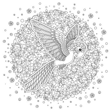 Vektör çizim beyaz arka plan dekoratif kakadu. Yetişkin renklendirme moda trendi. Kuş papağan. Siyah ve beyaz. Modern tasarım.