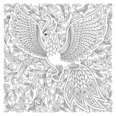 Egzotik kuş, harika çiçekler, yapraklar. Anti stres Boyama Page yüksek ayrıntılarla Firebird için. Yetişkinler ve çocuklar için boyama kitabı sayfası. Siyah beyaz kuş koleksiyonu. Resimde kümesi.