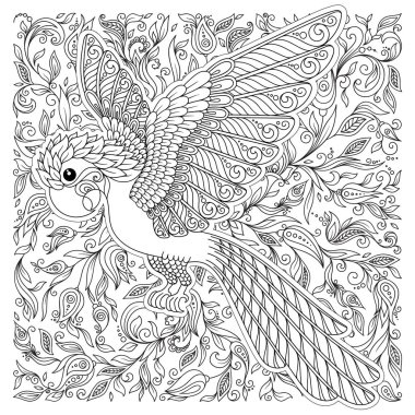 Egzotik kuş, harika çiçekler, dalları, yaprakları. Kontur ince çizgi çizme. Vektör fantezi stilize Kakadu orman papağan siluet. T-shirt baskı. Yetişkinler ve çocuklar için boyama kitabı sayfası. Siyah beyaz