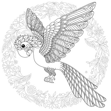 Zentangle stilize çizgi film muhabbet kuşu papağan. Anti stres boyama sayfası, T-shirt amblem, logo veya dövme doodle, zentangle, çiçek tasarım öğeleri ile yetişkin için el çizilmiş kroki.