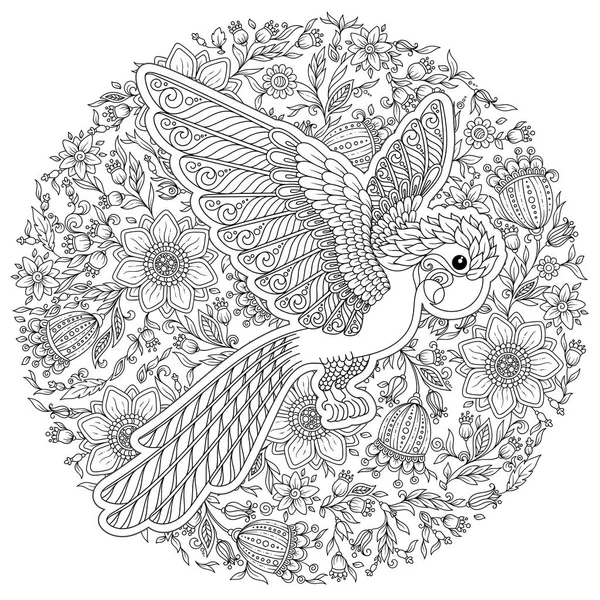 Zentangle stilize çizgi film papağan. El çizilmiş kroki yetişkin antistress boyama sayfası, T-shirt amblem, logo veya çiçek tasarım öğeleri ile dövme için.