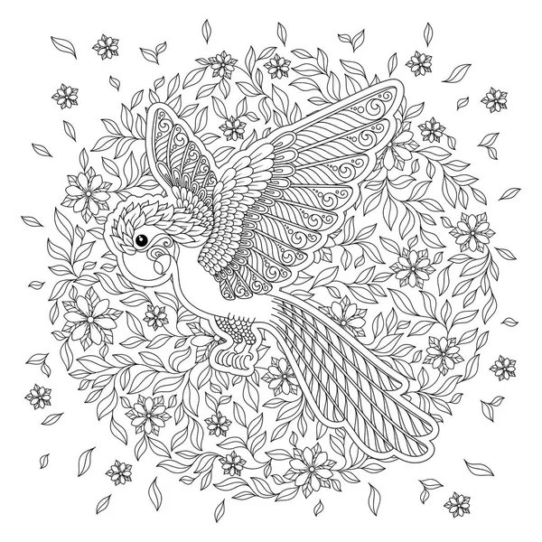 Zentangle stilize çizgi film papağan. El çizilmiş kroki yetişkin antistress boyama sayfası, T-shirt amblem, logo veya çiçek tasarım öğeleri ile dövme için.