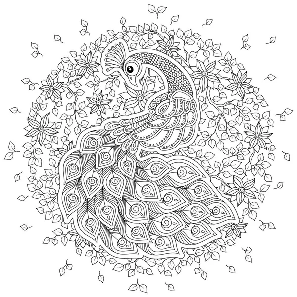 Peacock Volwassen Stressprogramma Kleurplaat Zwart Wit Hand Getrokken Doodle Voor — Stockvector