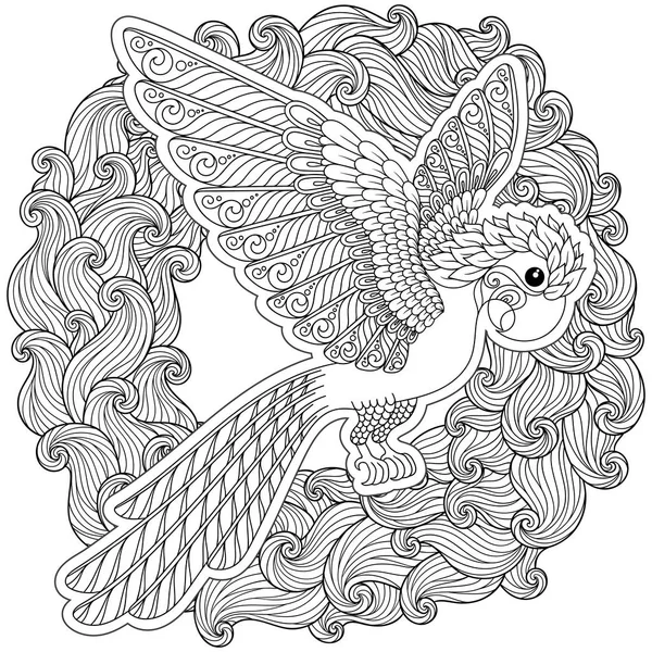 矢量插图装饰鹦鹉在白色背景 成人着色的流行趋势 鸟鹦鹉 黑白相间的 现代设计 — 图库矢量图片