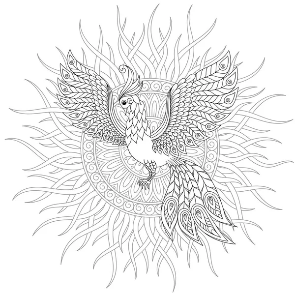 Uccello Esotico Fiori Fantastici Foglie Firebird Stress Coloring Page Con — Vettoriale Stock