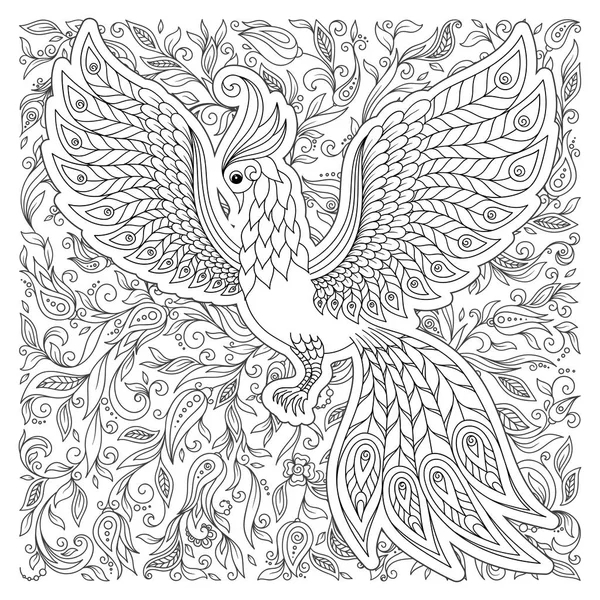 Exotic bird,fantastic flowers, leaves. Firebird for anti stress Coloring Page with high details. Coloring book page for adults and children. Black White Bird collection. Set of illustration.
