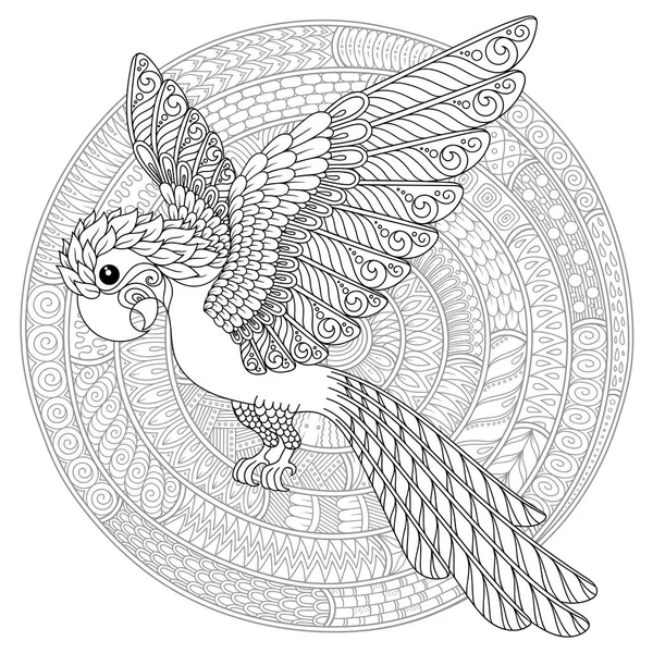 Zentangle Loro Dibujos Animados Estilizado Dibujo Dibujado Mano Para Página — Vector de stock