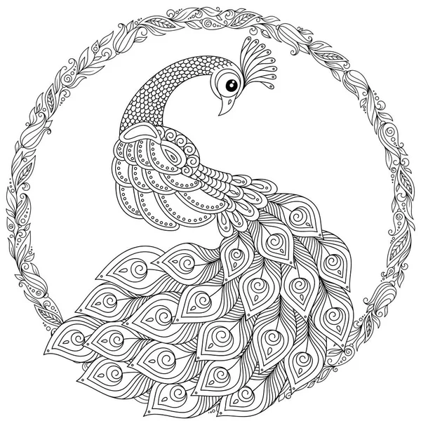Paon Dans Style Zentangle Coloriage Antistress Adulte Doodle Dessiné Main — Image vectorielle