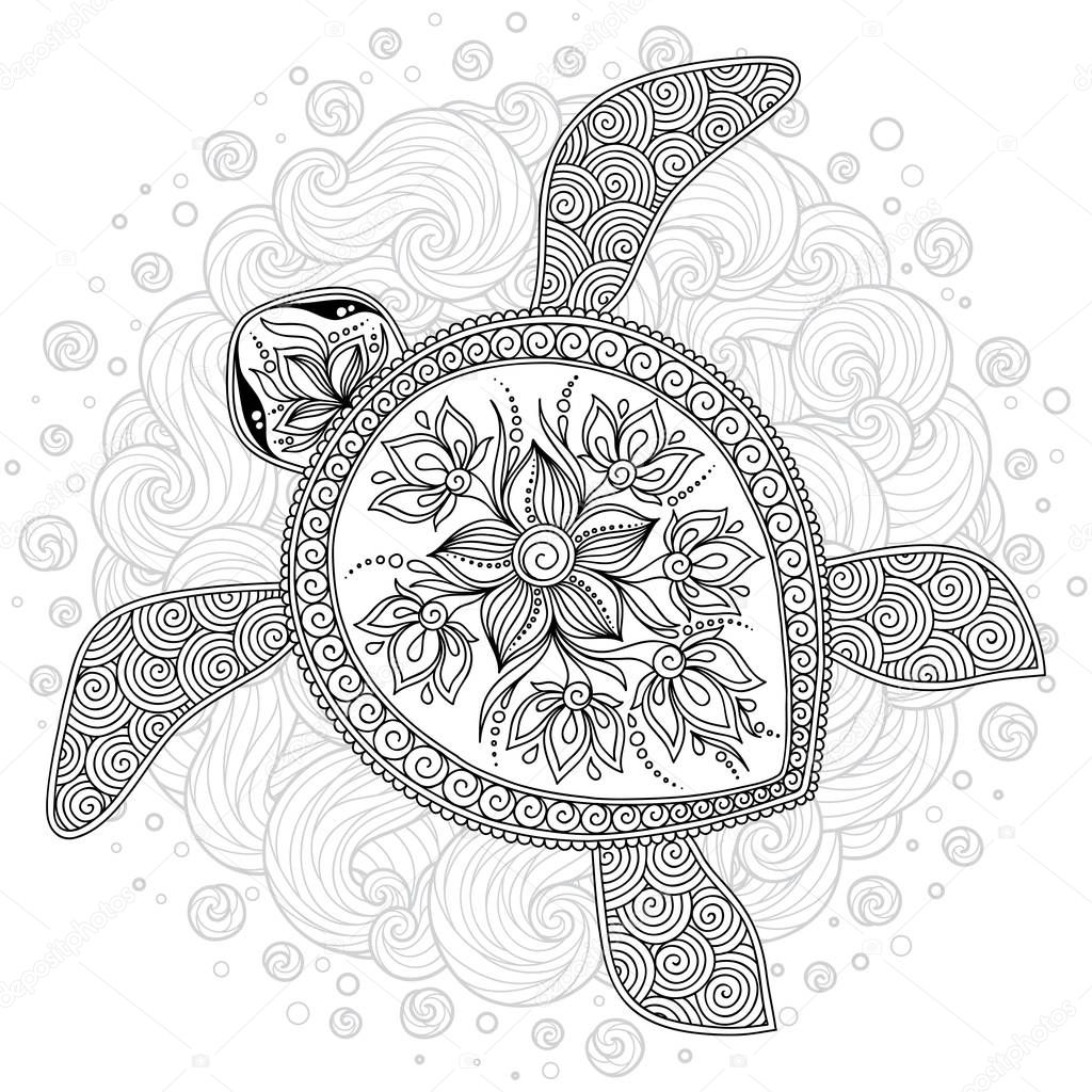 Graphic Hawksbill sea turtle drawn in line art style. Ocean vector creature isolated on white background. Top view. Coloring book page design for adults and kids