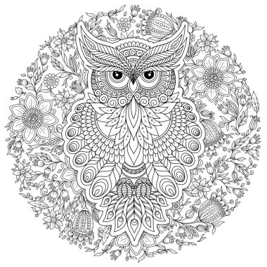 Dekoratif baykuş. Yetişkin antistress boyama sayfası. Siyah ve beyaz el boyama kitabı için çizilen illüstrasyon