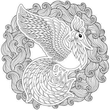 Fantezi çiçek bahçesi şirin kuş. Hayvanlar. Elle çizilmiş doodle. Etnik desenli illüstrasyon. Afrika, Hint, totem dövme tasarım. Avatar, dövme, poster, yazdırma için kroki veya t-shirt.