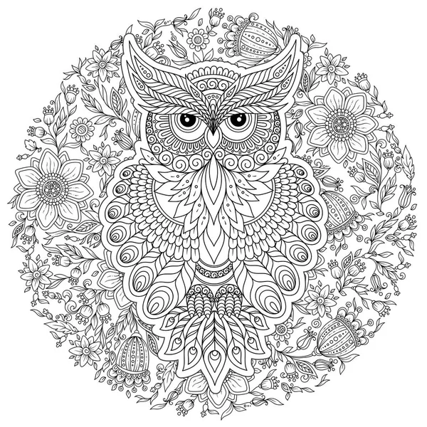 Dekoratif baykuş. Yetişkin antistress boyama sayfası. Siyah ve beyaz el boyama kitabı için çizilen illüstrasyon