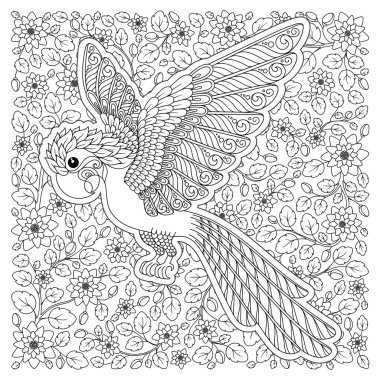 Egzotik kuş, harika çiçekler, dalları, yaprakları. Kontur ince çizgi çizme. Vektör fantezi stilize Kakadu orman papağan siluet. T-shirt baskı. Yetişkinler ve çocuklar için boyama kitabı sayfası. Siyah beyaz