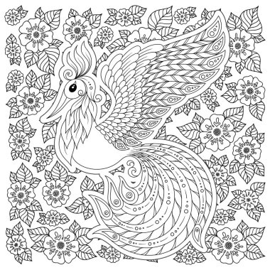 Fantezi çiçek bahçesi şirin kuş. Hayvanlar. Elle çizilmiş doodle. Etnik desenli illüstrasyon. Afrika, Hint, totem dövme tasarım. Avatar, dövme, poster, yazdırma için kroki veya t-shirt.