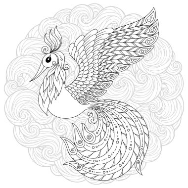 Fantezi çiçek bahçesi şirin kuş. Hayvanlar. Elle çizilmiş doodle. Etnik desenli illüstrasyon. Afrika, Hint, totem dövme tasarım. Avatar, dövme, poster, yazdırma için kroki veya t-shirt.