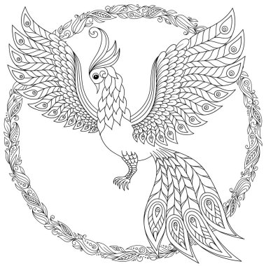 Egzotik kuş, harika çiçekler, yapraklar. Anti stres Boyama Page yüksek ayrıntılarla Firebird için. Yetişkinler ve çocuklar için boyama kitabı sayfası. Siyah beyaz kuş koleksiyonu. Resimde kümesi.