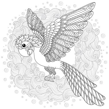 Zentangle stilize çizgi film papağan. El çizilmiş kroki yetişkin antistress boyama sayfası, T-shirt amblem, logo veya çiçek tasarım öğeleri ile dövme için.