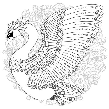 El boyama doodle, zentangle kabile stili, etnik dekoratif desenli dövme, logo, t-shirt veya parmak izi yetişkin için sanatsal kuğu çizimi. Kuş vektör çizim.