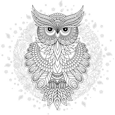 Yetişkin yaş ve üstü çocuklar için boyama kitabı. Şirin baykuş ve çerçeve çiçek boyama sayfası. Zentangle tarzında çizim anahat