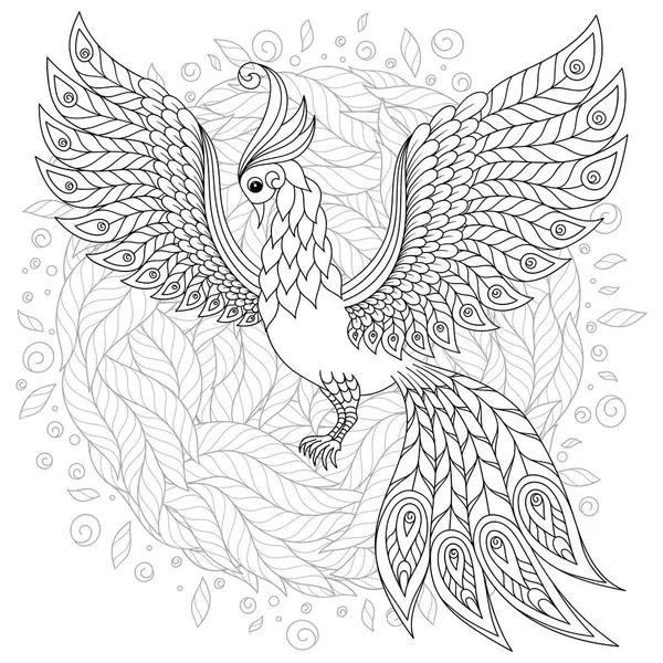 Oiseau Mignon Dans Jardin Fleurs Fantaisie Des Animaux Doodle Dessiné — Image vectorielle