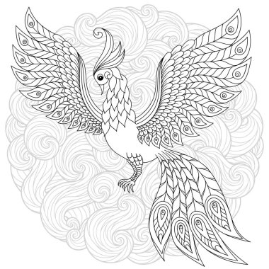 Fantezi çiçek bahçesi şirin kuş. Hayvanlar. Elle çizilmiş doodle. Etnik desenli illüstrasyon. Afrika, Hint, totem dövme tasarım. Avatar, dövme, poster, yazdırma için kroki veya t-shirt.