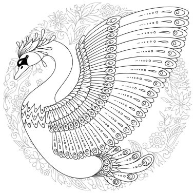 El boyama doodle, zentangle kabile stili, etnik dekoratif desenli dövme, logo, t-shirt veya parmak izi yetişkin için sanatsal kuğu çizimi. Kuş vektör çizim.