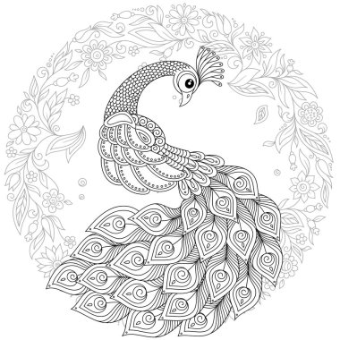 Zentangle tarzında peacock. Yetişkin antistress boyama sayfası. Siyah ve beyaz el boyama kitabı için çizilmiş doodle