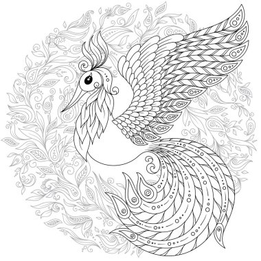 Egzotik kuş, harika çiçekler, yapraklar. Anti stres Boyama Page yüksek ayrıntılarla Firebird için. Yetişkinler ve çocuklar için boyama kitabı sayfası. Siyah beyaz kuş koleksiyonu. Resimde kümesi.