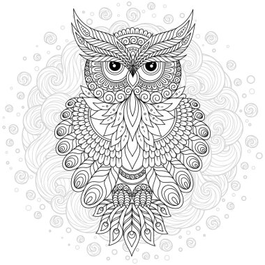 Dekoratif çizgi film baykuş zentangle tarzı. Yetişkin renklendirme kitap sayfası. Elle çizilmiş vektör çizim üzerinde beyaz izole.