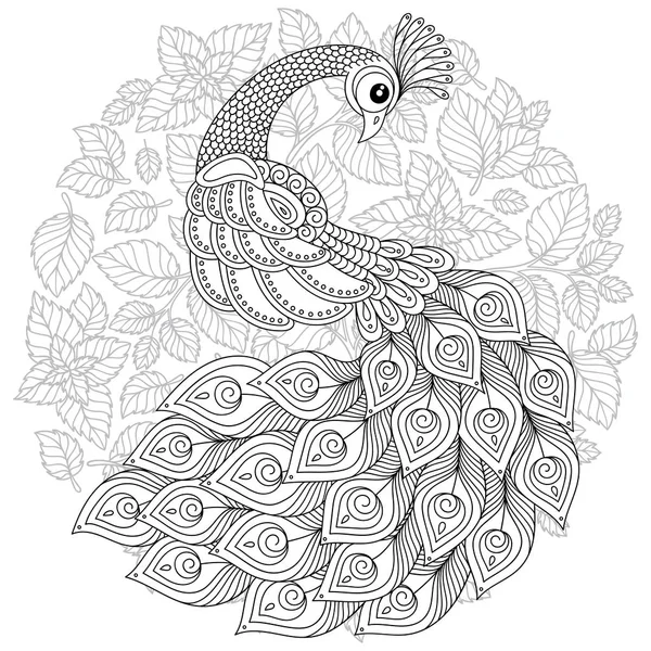 Pavão Estilo Zentangle Adulto Página Coloração Stress Doodle Desenhado Mão — Vetor de Stock