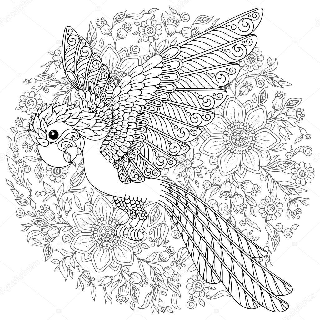 Exotic bird,fantastic flowers,branches, leaves. Contour thin line drawing. Vector fantasy stylized cockatoo jungle parrot silhouette.T-shirt print. Coloring book page for adults and children. Black White